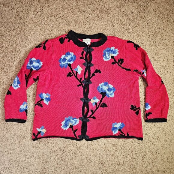 Coldwater Creek Sweaters - Coldwater Creek Cardigan Sweater Womens 3X Red Floral Frog Closures 90s Y2K